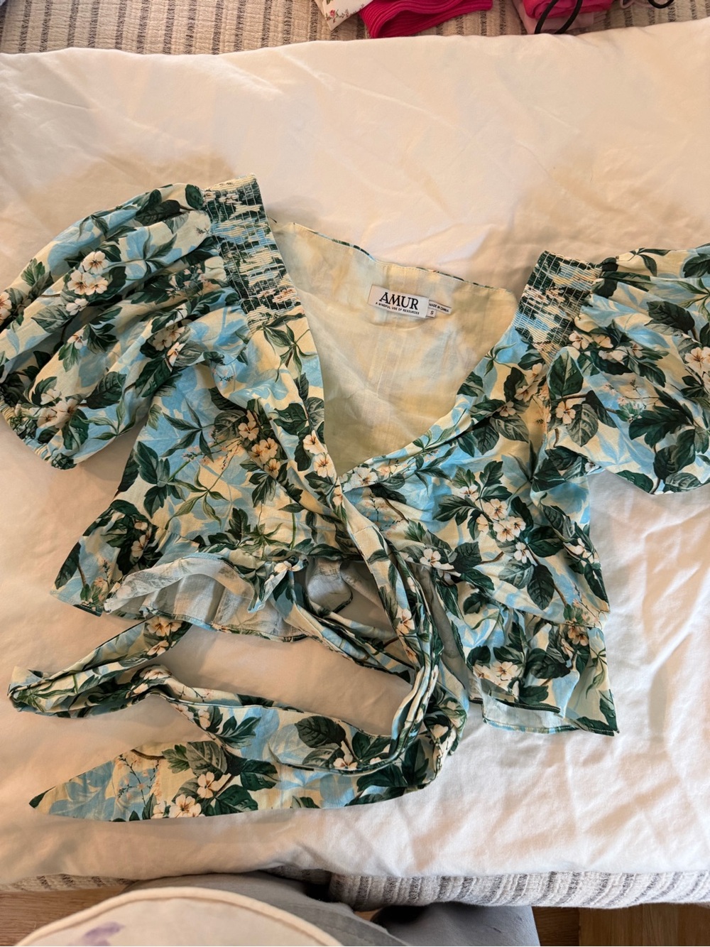 AMUR Blue and Green Floral Wrap Crop Top